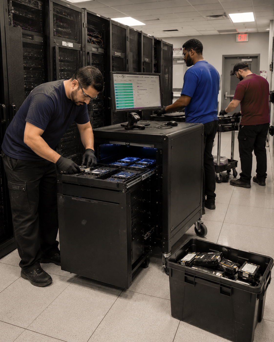 Data center technicians using a WipeOS mobile erasure cart for certified onsite hard drive sanitization and secure data destruction.