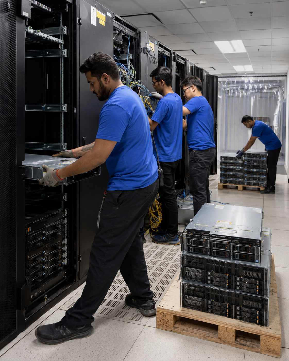 IT asset disposition team managing a server rack teardown, extracting hardware, and stacking server chassis on pallets for secure reverse logistics.
