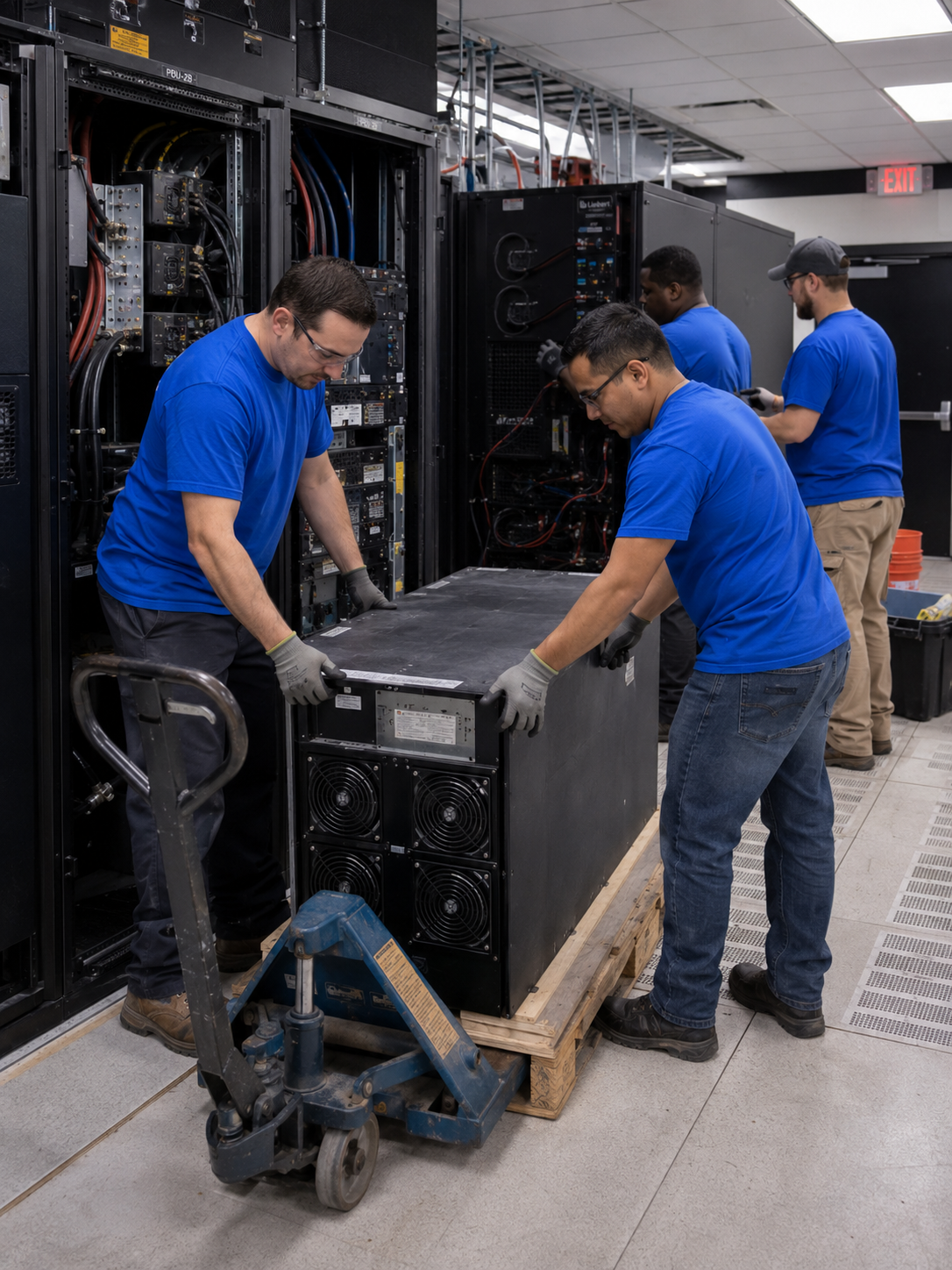 Onsite logistics crew using a pallet jack to safely remove a heavy server room UPS battery backup unit during data center electrical decommissioning.
